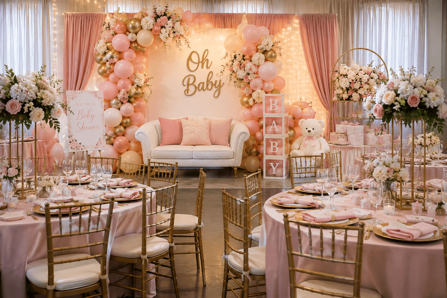 Pink and gold baby shower celebration set with tables, chairs, draping, and florals