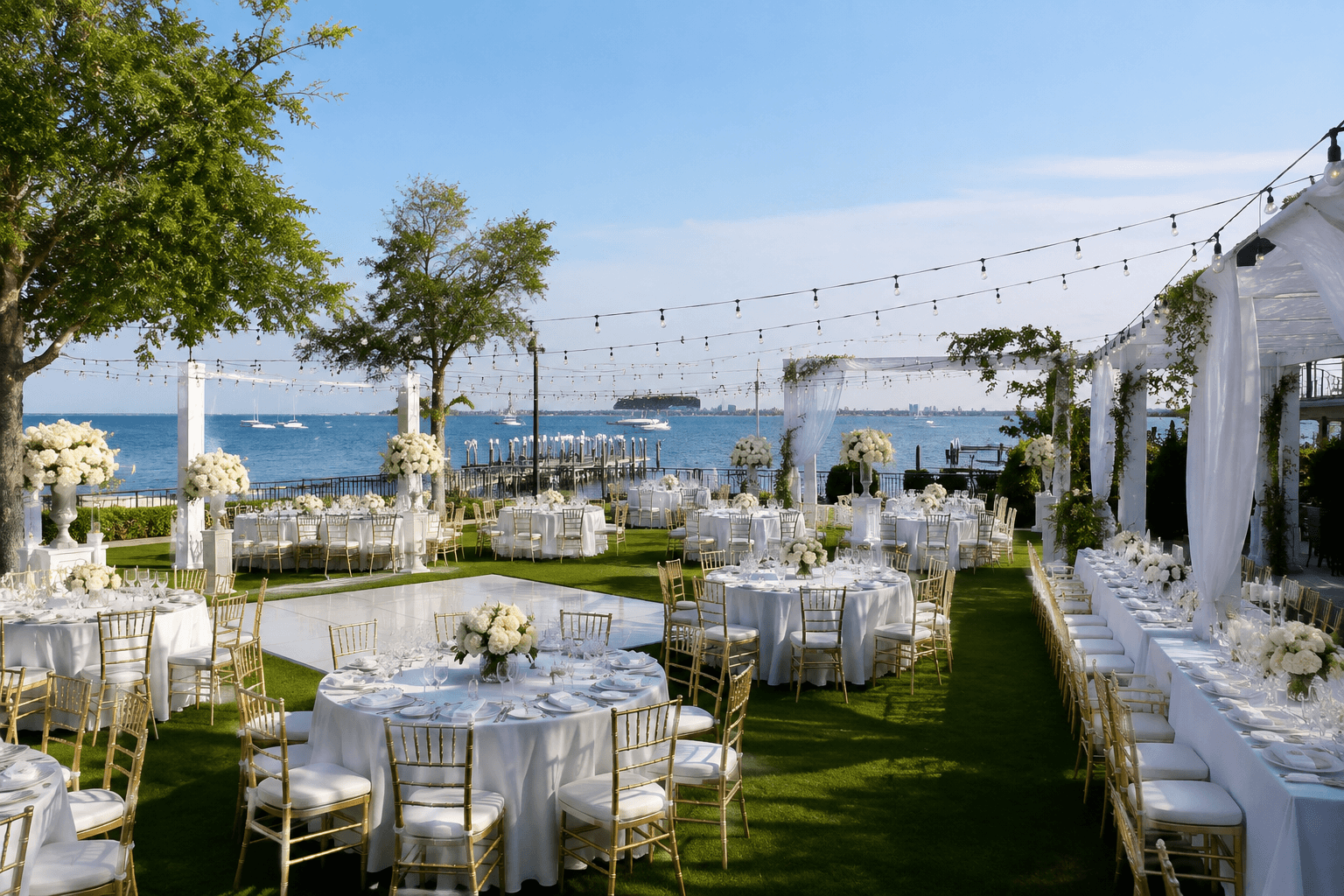 Elegant outdoor event reception arranged with Blessing Rentals equipment